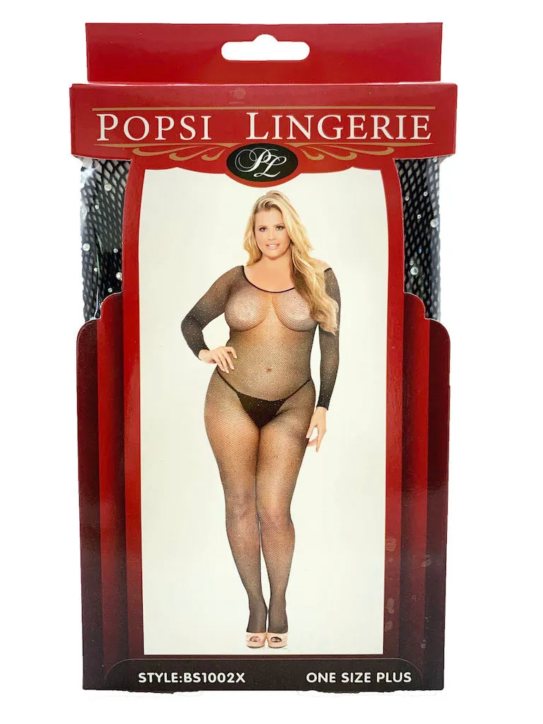 Fishnet Full Body With Selves Rhinestone Bodystocking Plus Size