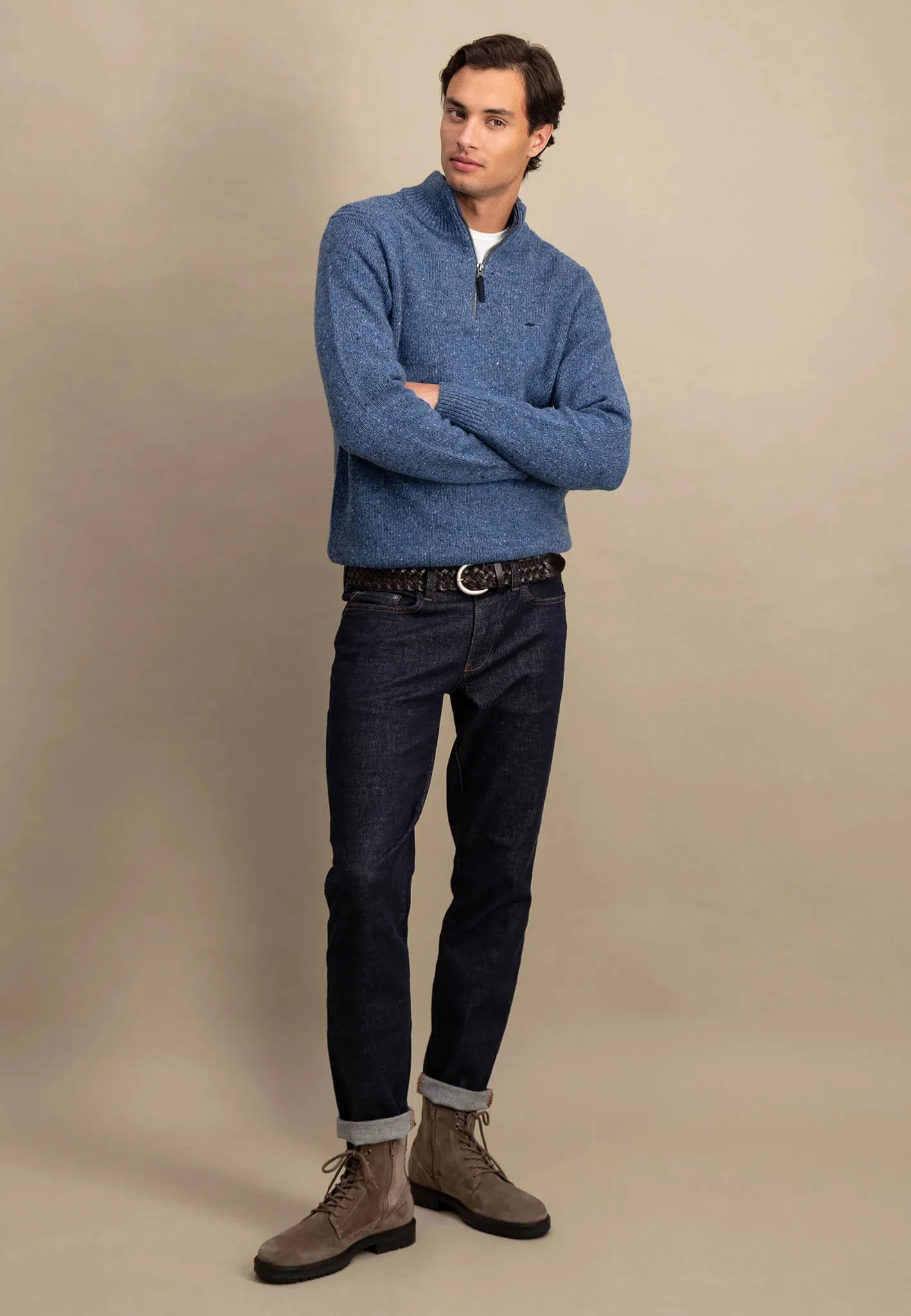 FYNCH HATTON Troyer 1/4 Zip Donegal Knit - Men's – Cloud Blue