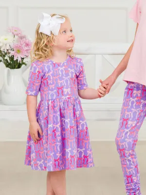 Girls Rosy Ribbons Short Sleeve Knit Twirl Dress