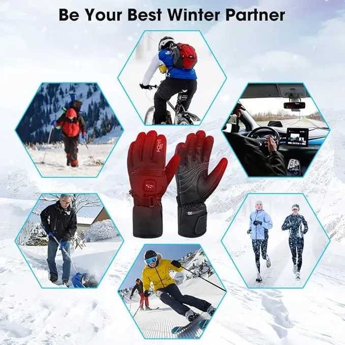 Heated Ski Gloves for Men Women Rechargeable Electric Winter Gloves with Touch Screen Windproof Thermal Gloves for Cycling Skiing Driving Climbing Hiking Camping Running Freezer Work Cold Hands