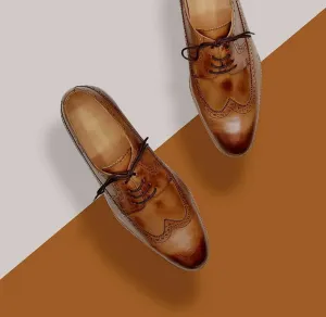 Height Increasing Tan Leather Coppet Brogue Wingtip Derby Shoes