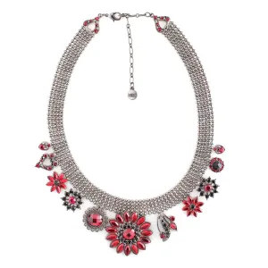 Hematite-Tone Necklace with Red Crystal Flower Charms#255RD1401 (1C11/1A5)