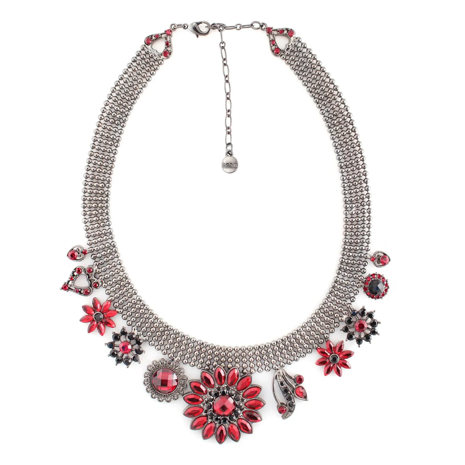 Hematite-Tone Necklace with Red Crystal Flower Charms#255RD1401 (1C11/1A5)