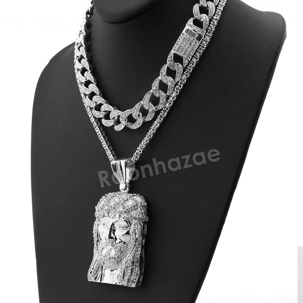 Hip Hop Quavo Jesus Face Miami Cuban Choker Chain Tennis Necklace L27