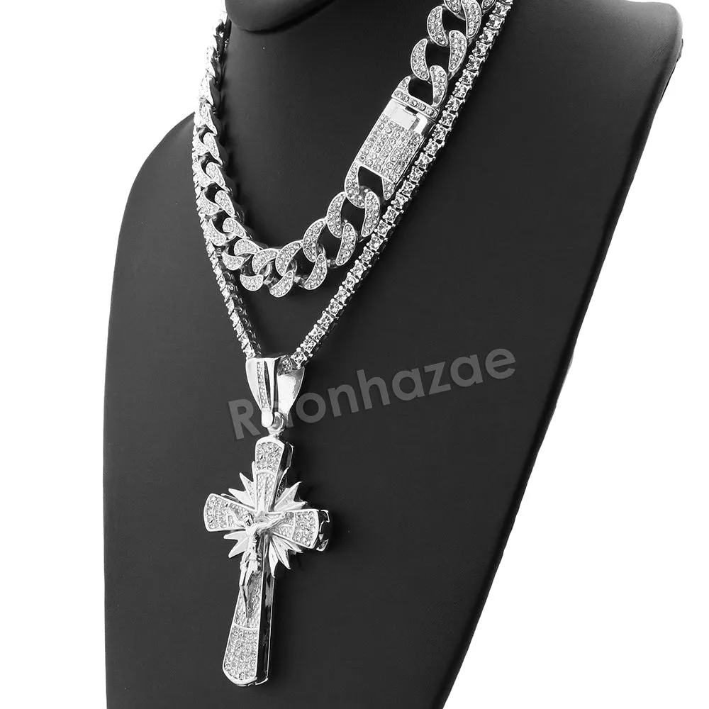 Hip Hop Quavo Shining Cross Miami Cuban Choker Chain Necklace L34