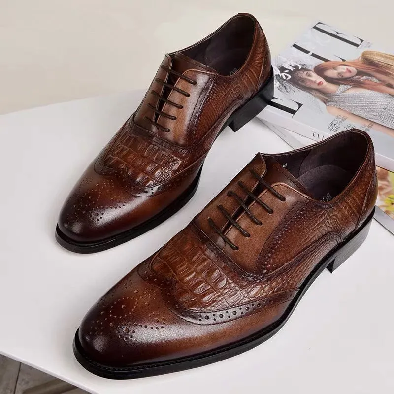 INSTOCK-Cross-border Old Retro Crocodile Pattern Leather Shoes