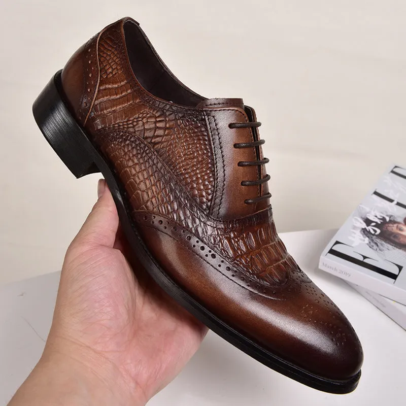 INSTOCK-Cross-border Old Retro Crocodile Pattern Leather Shoes