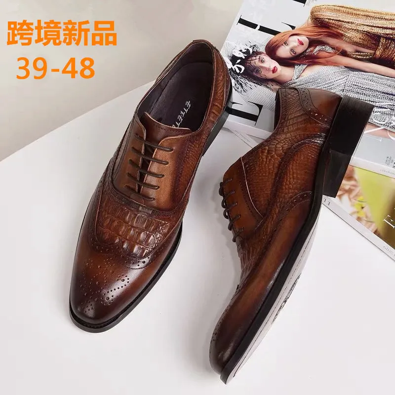 INSTOCK-Cross-border Old Retro Crocodile Pattern Leather Shoes