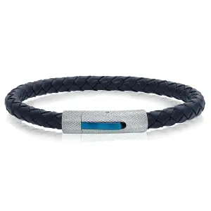 Italgem Blue Braided Leather and Stainless Steel Checkered Clasp Bracelet