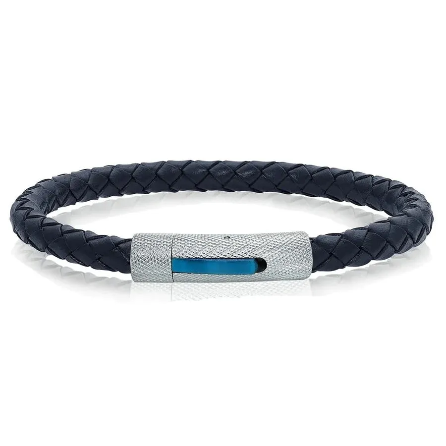 Italgem Blue Braided Leather and Stainless Steel Checkered Clasp Bracelet