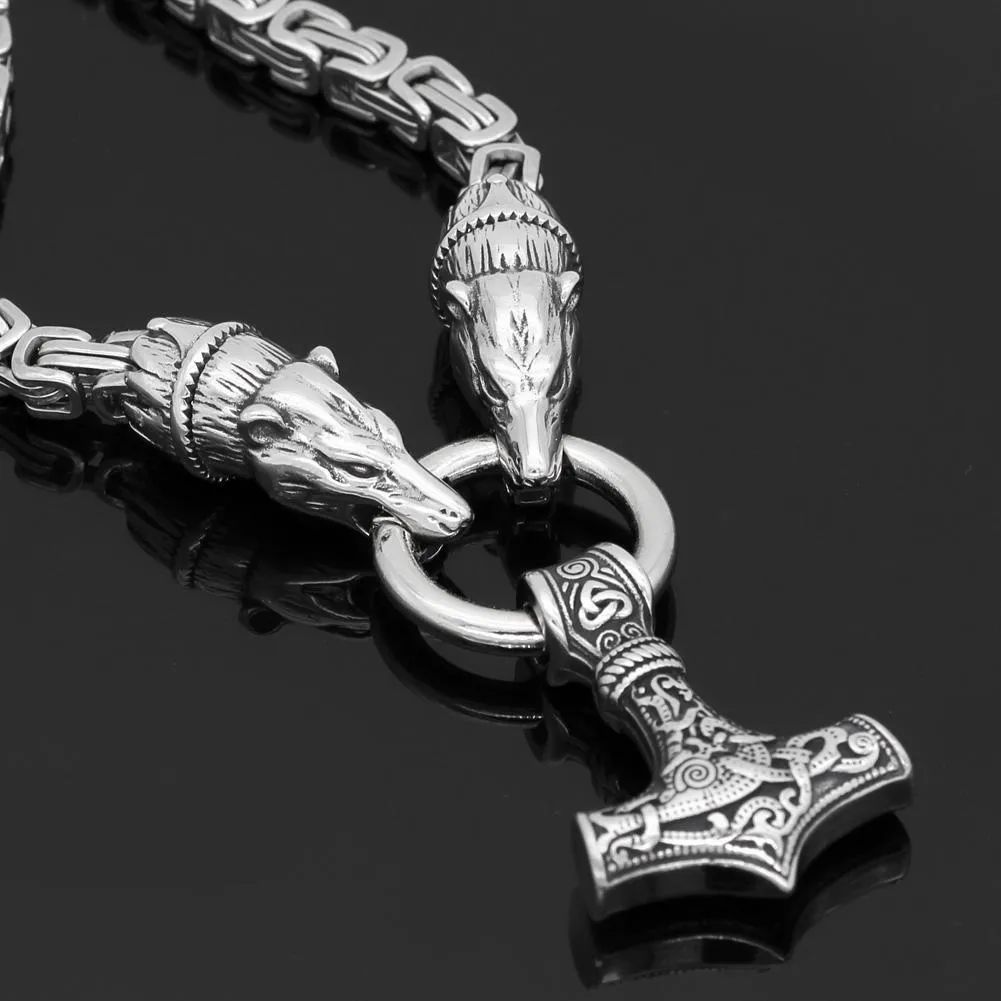 King Chain With Bear Heads & Mjolnir Pendant