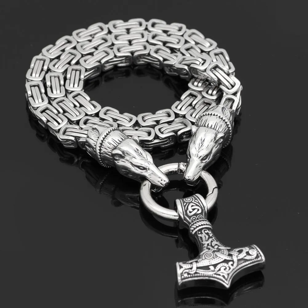 King Chain With Bear Heads & Mjolnir Pendant