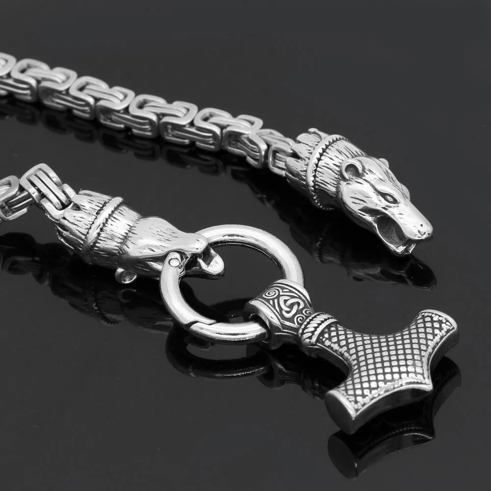 King Chain With Bear Heads & Mjolnir Pendant