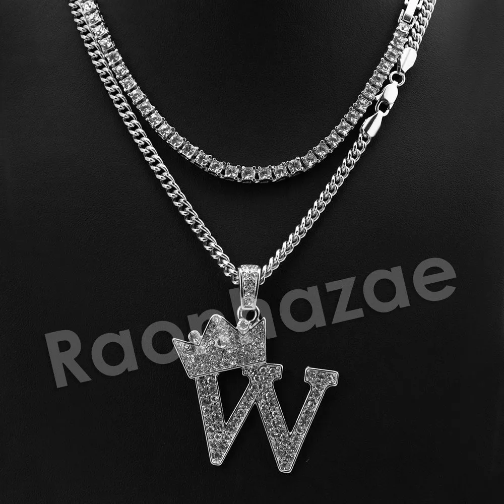 King Crown W Initial Pendant Necklace Set.