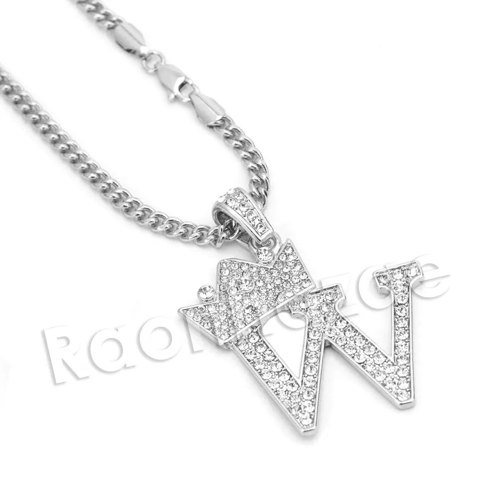 King Crown W Initial Pendant Necklace Set.