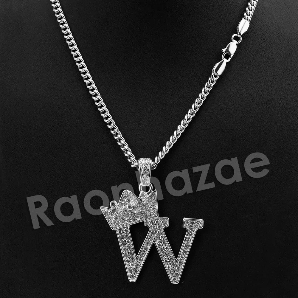 King Crown W Initial Pendant Necklace Set.