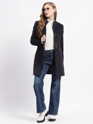 Madame Metal Accented Solid Navy Blue Long Coat