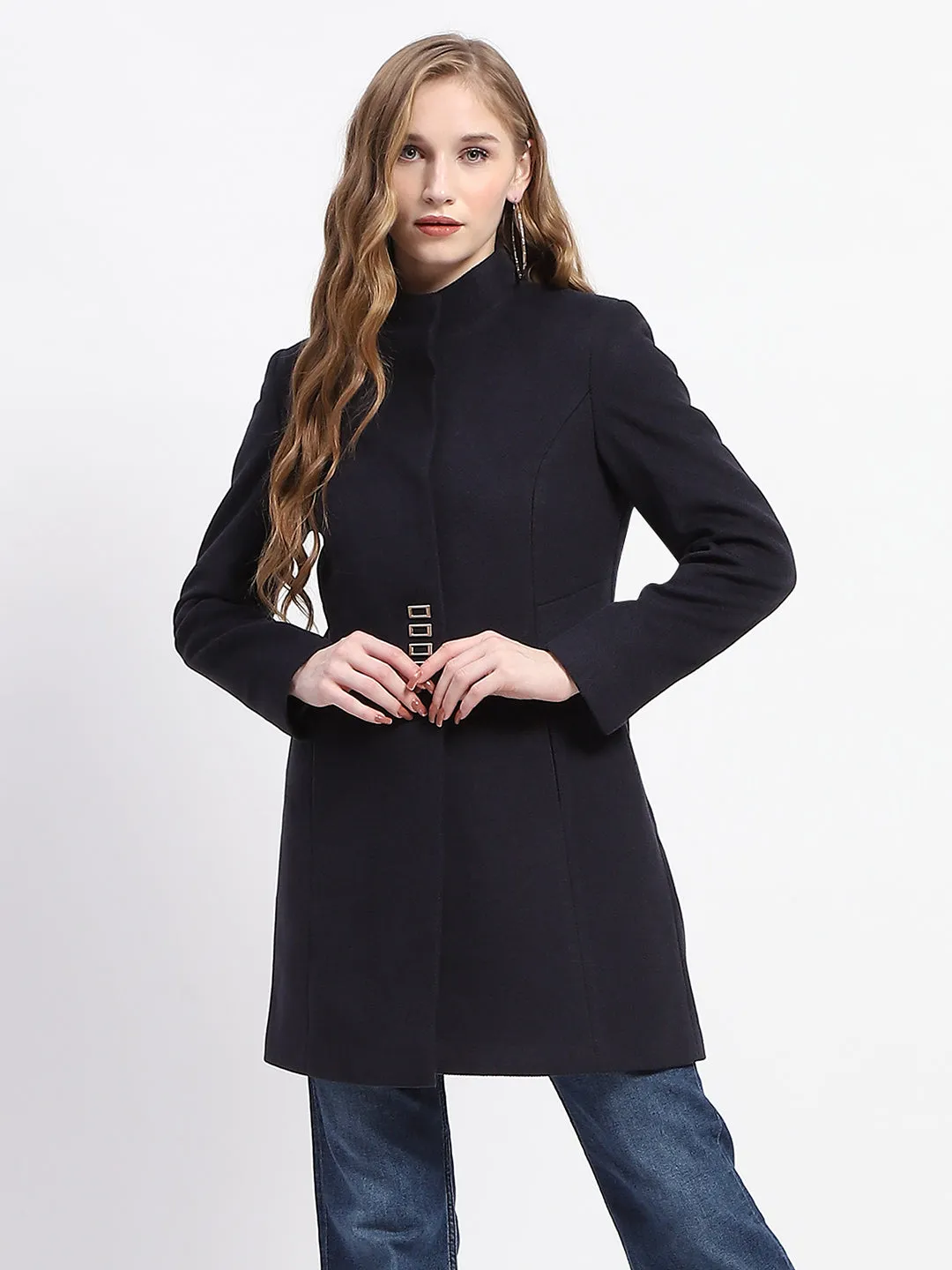 Madame Metal Accented Solid Navy Blue Long Coat
