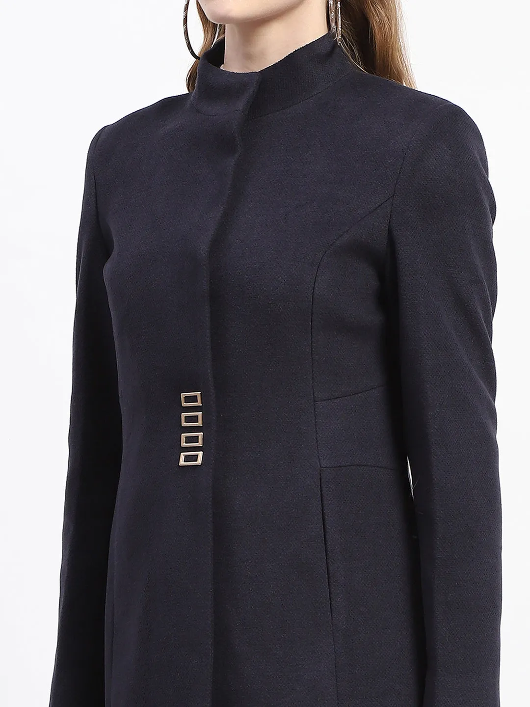 Madame Metal Accented Solid Navy Blue Long Coat