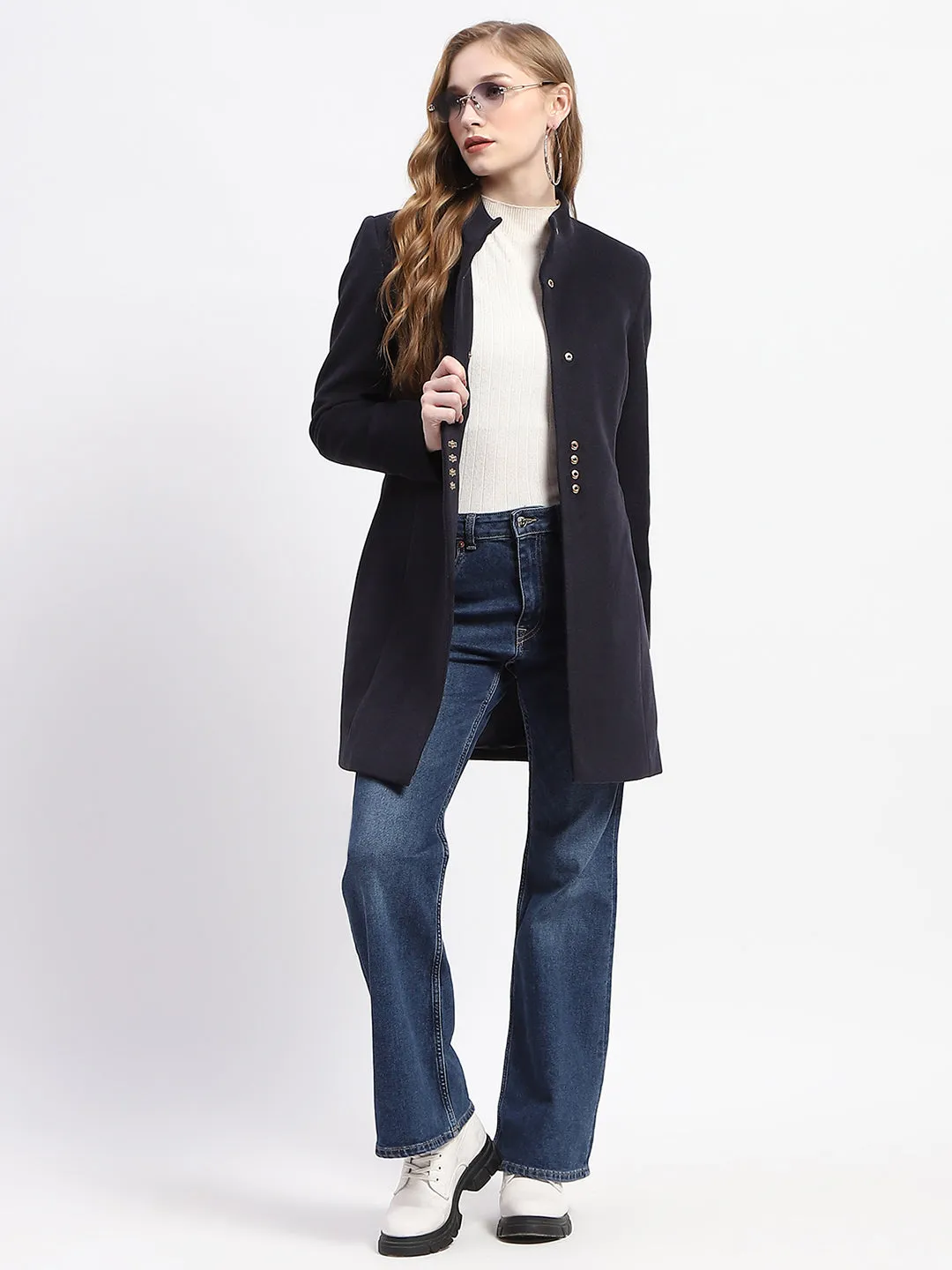 Madame Metal Accented Solid Navy Blue Long Coat