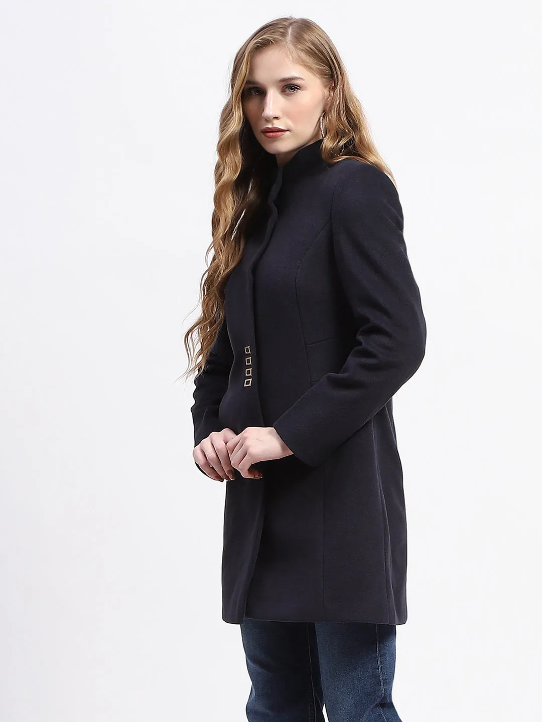 Madame Metal Accented Solid Navy Blue Long Coat