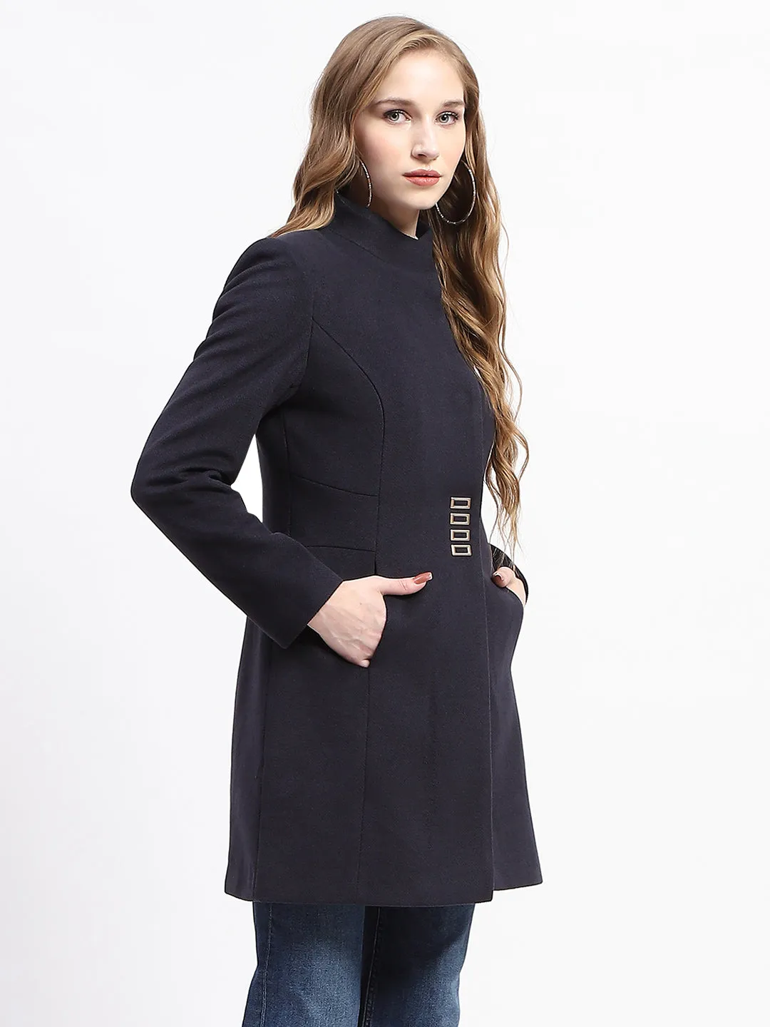 Madame Metal Accented Solid Navy Blue Long Coat