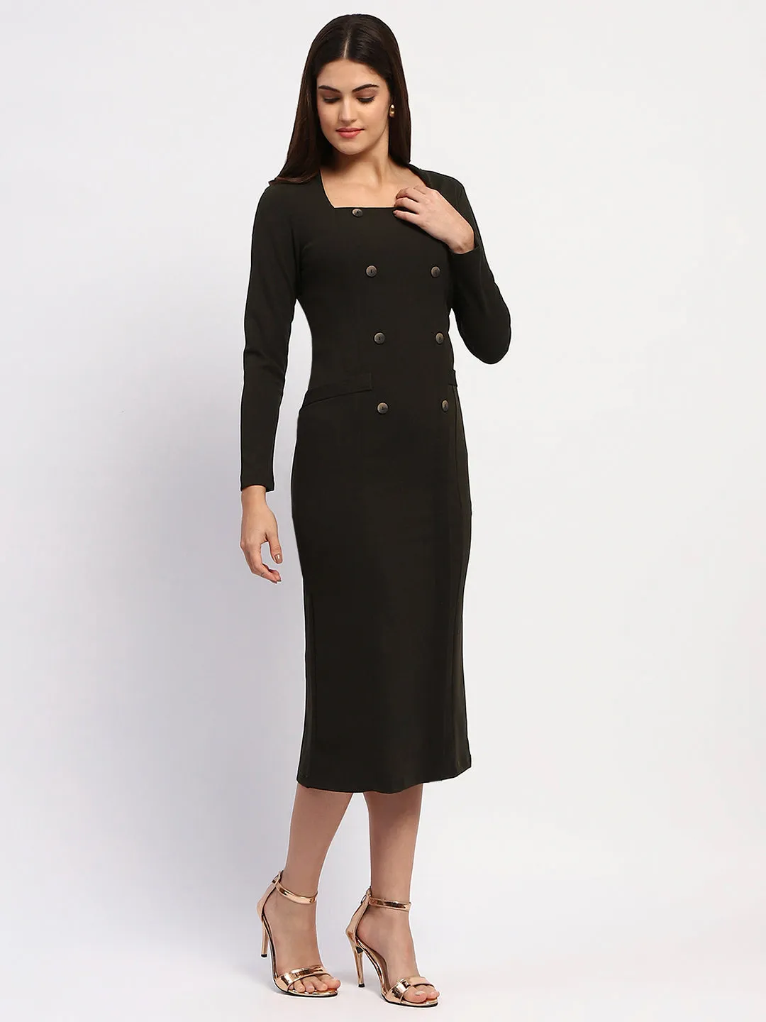 Madame Olive Green Double-Breasted Detailing Long Dress