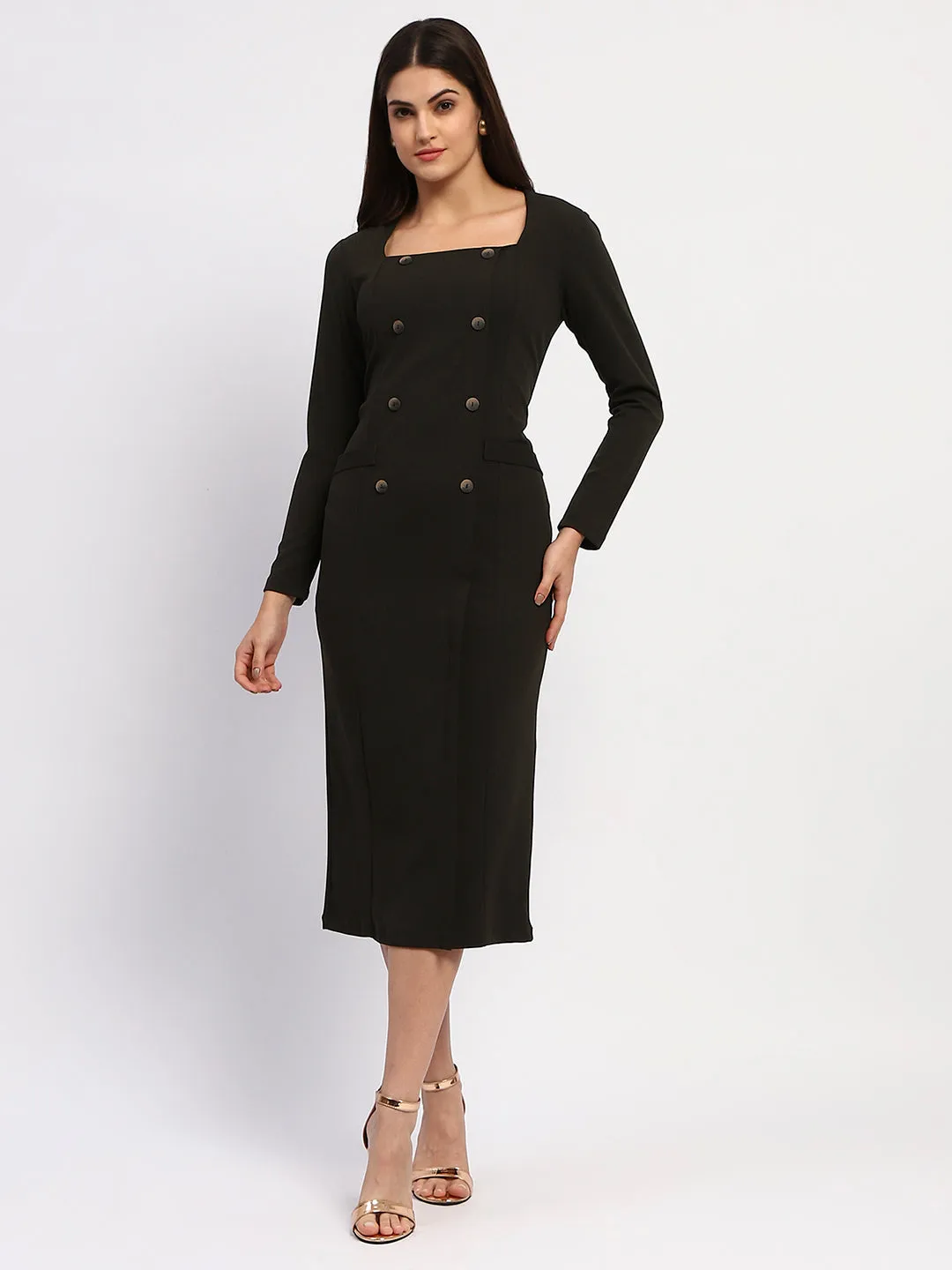 Madame Olive Green Double-Breasted Detailing Long Dress