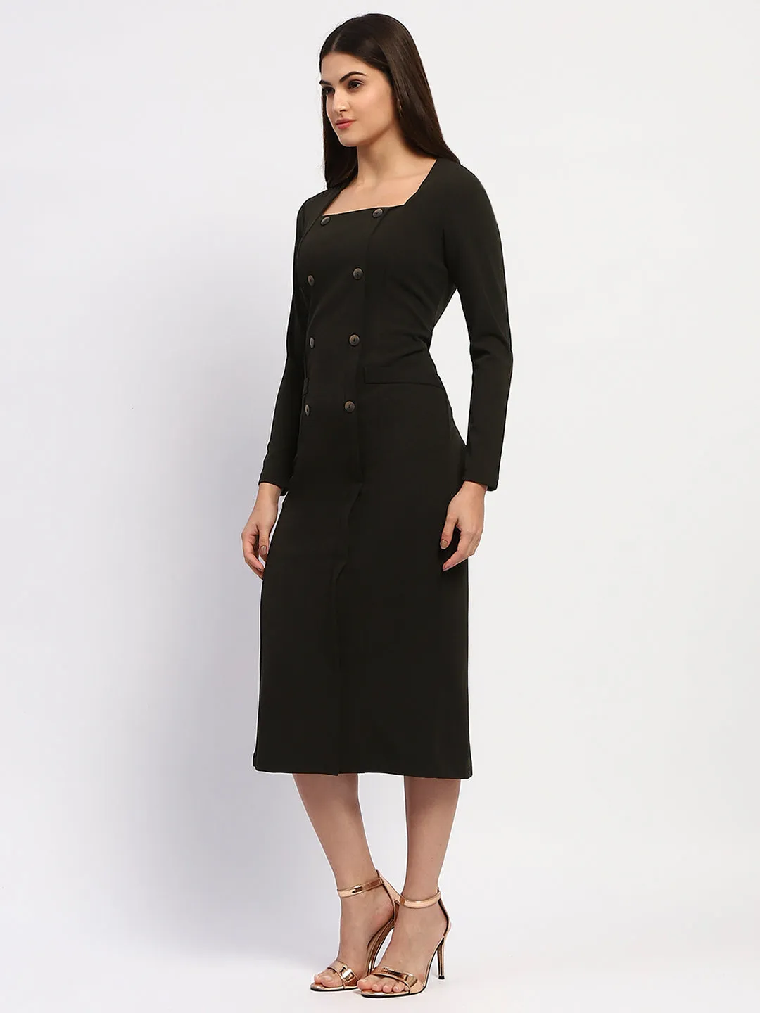 Madame Olive Green Double-Breasted Detailing Long Dress