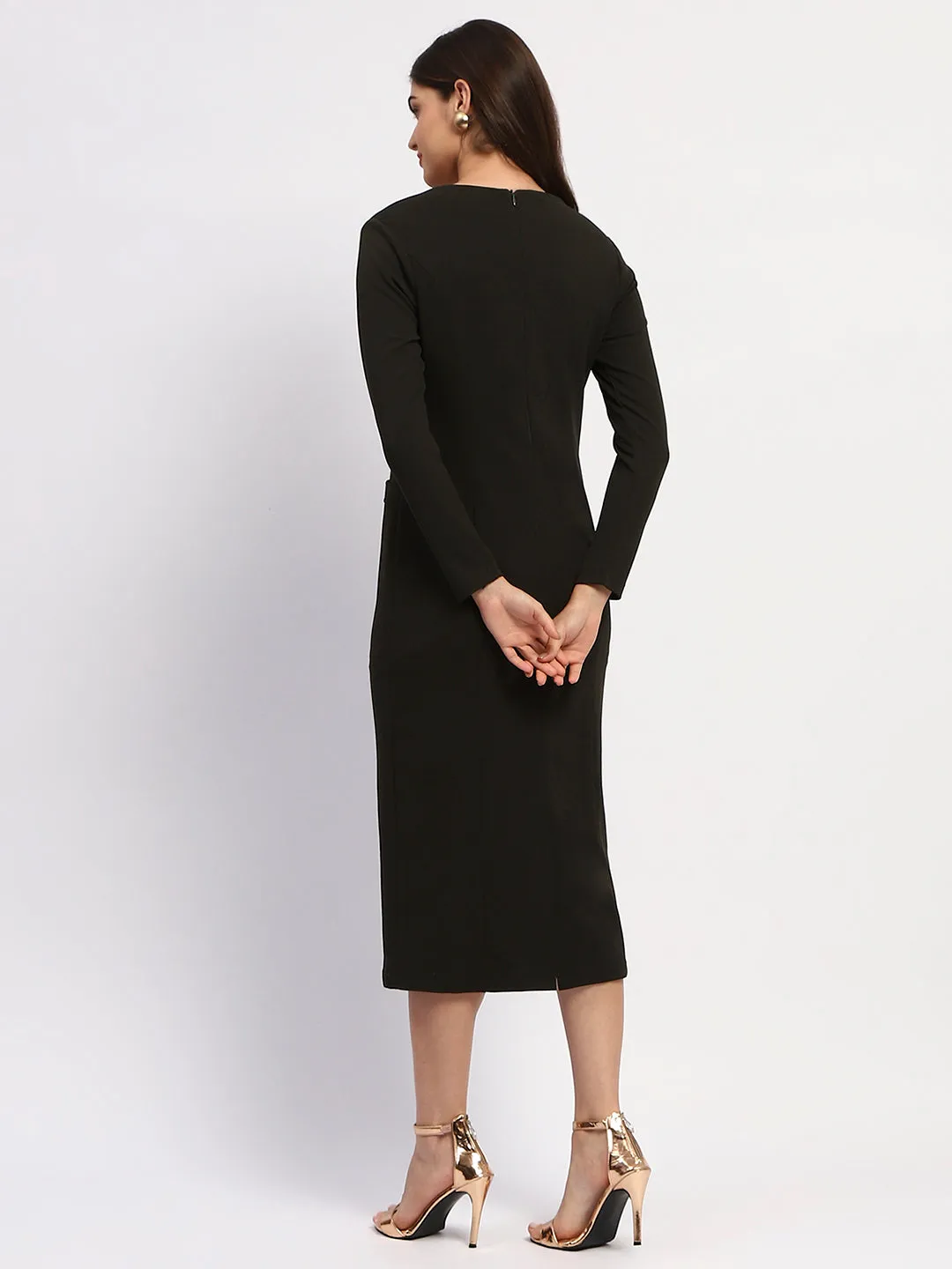 Madame Olive Green Double-Breasted Detailing Long Dress