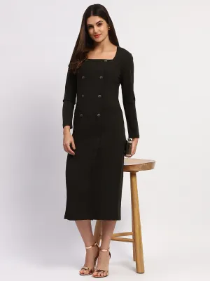 Madame Olive Green Double-Breasted Detailing Long Dress
