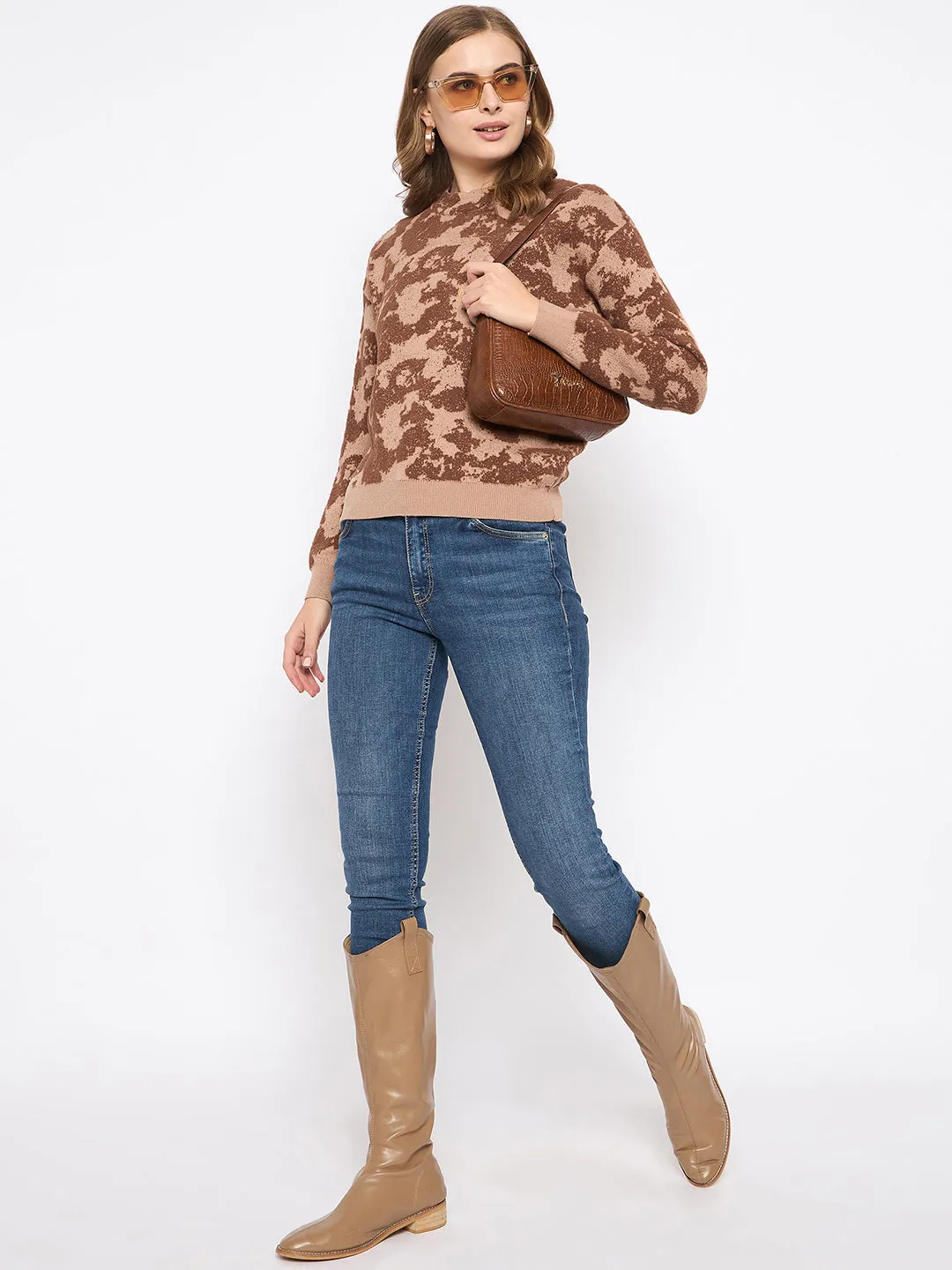 Madame Printed Crew Neck Tan Sweater
