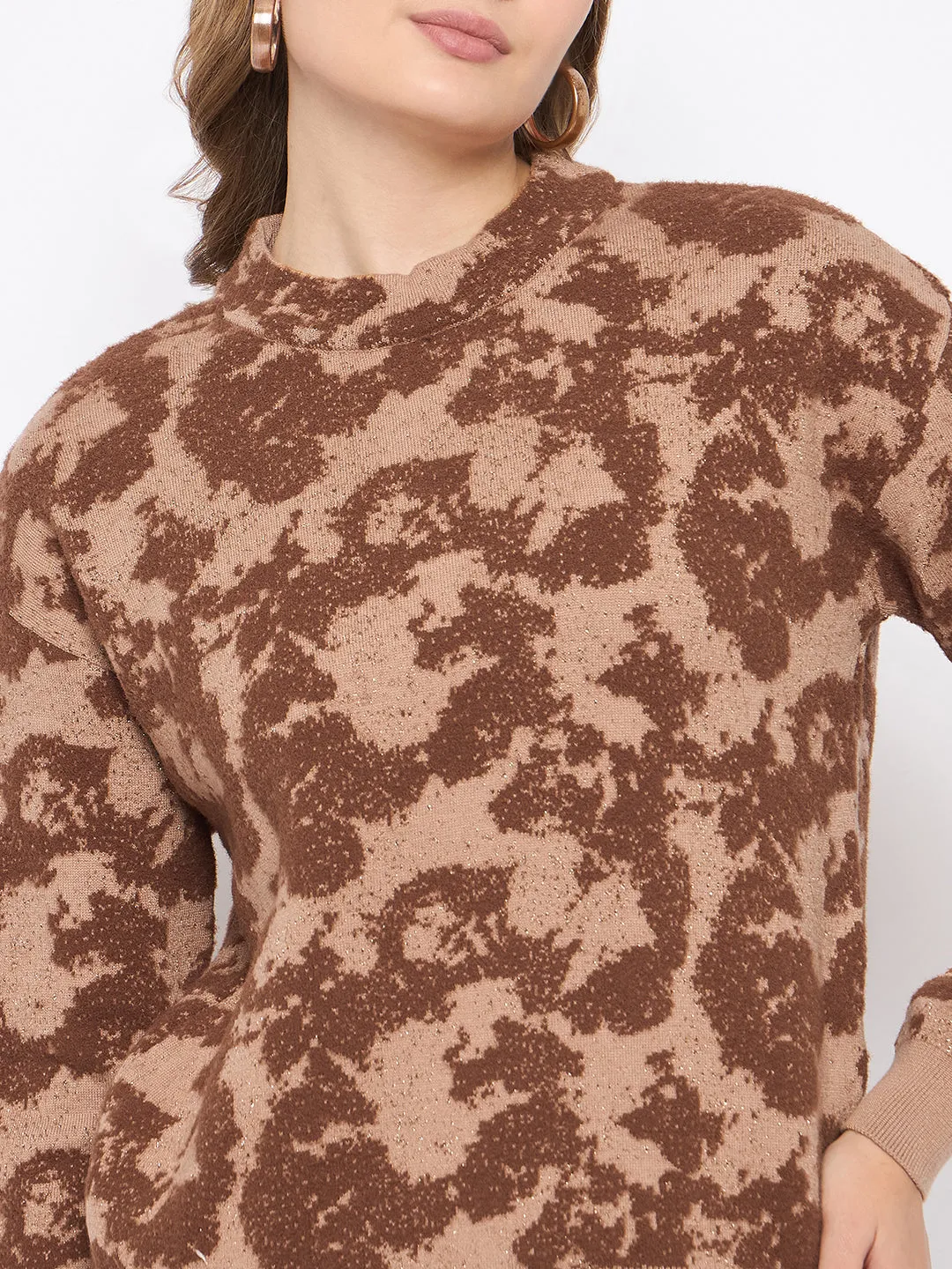 Madame Printed Crew Neck Tan Sweater