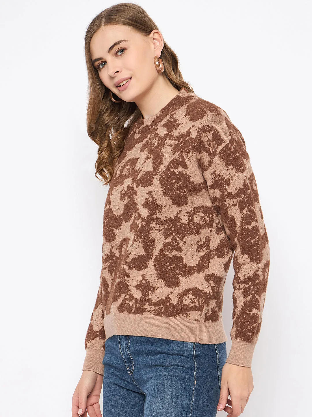 Madame Printed Crew Neck Tan Sweater
