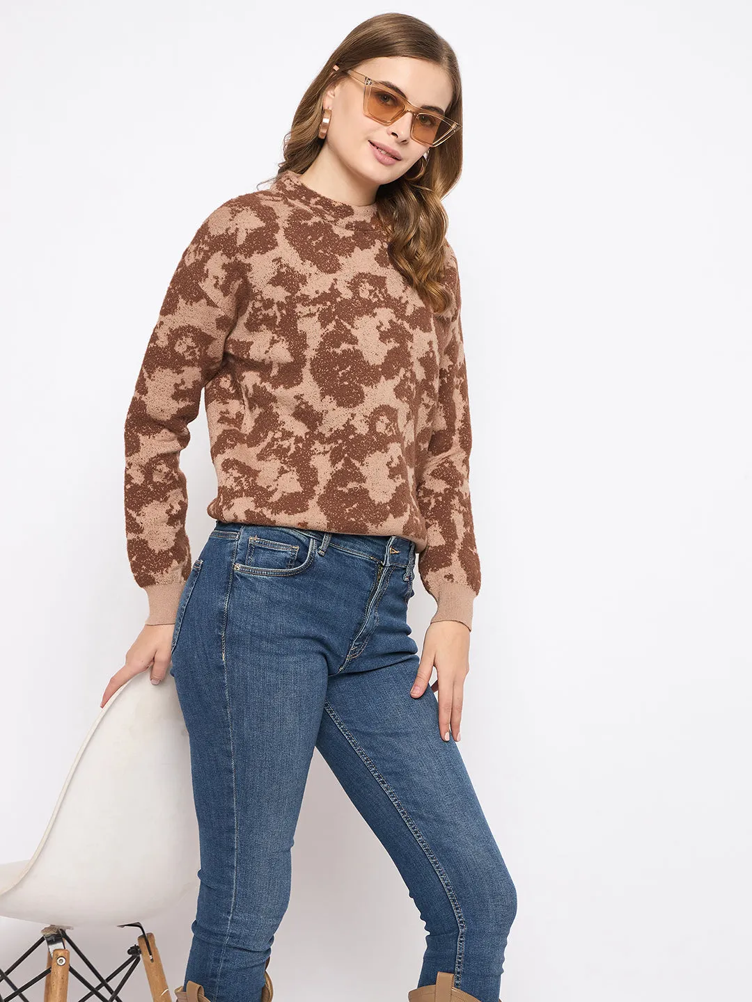 Madame Printed Crew Neck Tan Sweater