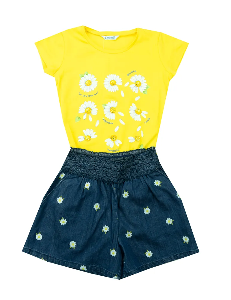Mayoral Chambray Daisy Embroidered Shorts