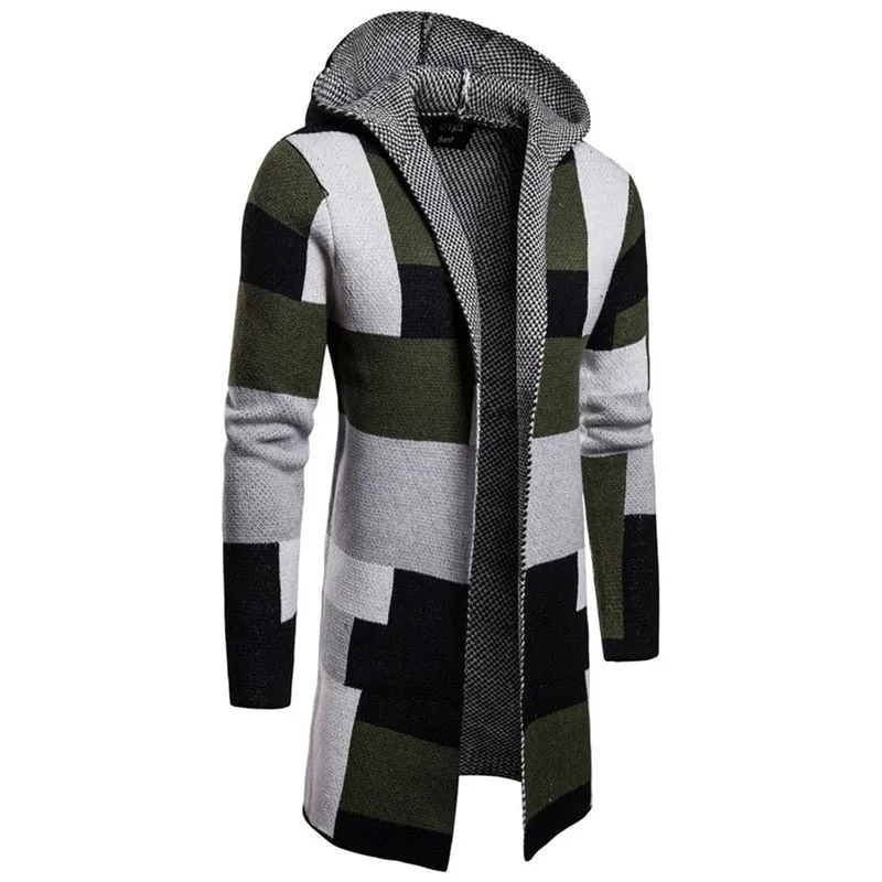 Men  foreign trade stripe color matching Jackets long style cardigan Outerwear sweater male Button drop shipfashion top coats