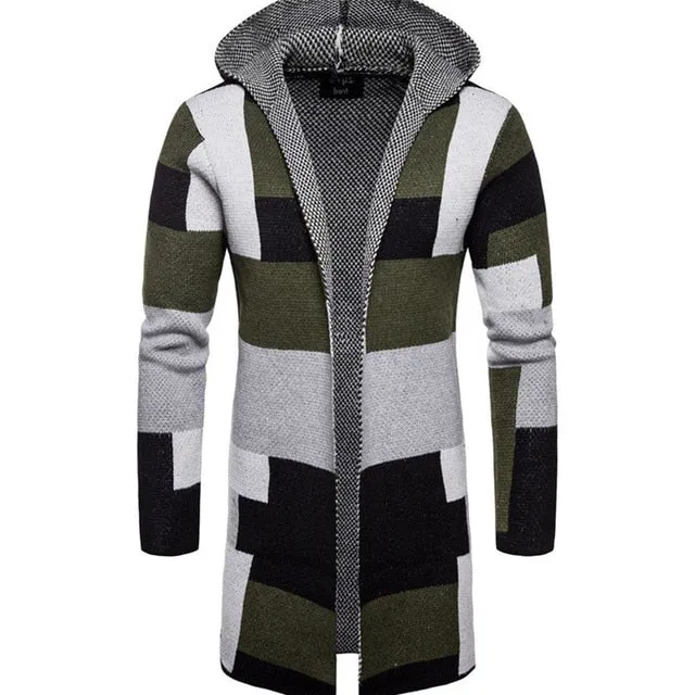 Men  foreign trade stripe color matching Jackets long style cardigan Outerwear sweater male Button drop shipfashion top coats