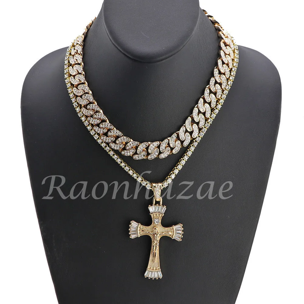 MENS 14K GOLD PT JESUS CROSS 18" TENNIS CHAIN 16" 30" CHOKER CUBAN CHAIN S28G