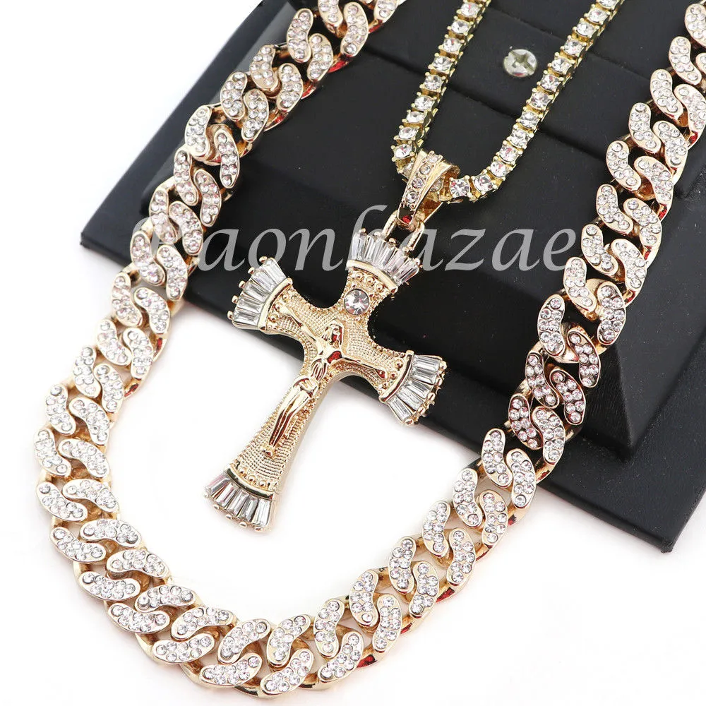 MENS 14K GOLD PT JESUS CROSS 18" TENNIS CHAIN 16" 30" CHOKER CUBAN CHAIN S28G