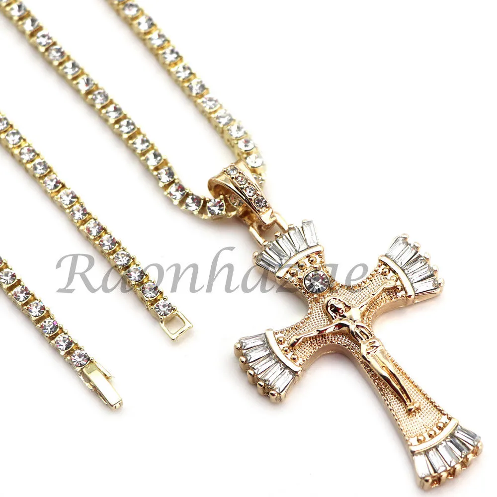 MENS 14K GOLD PT JESUS CROSS 18" TENNIS CHAIN 16" 30" CHOKER CUBAN CHAIN S28G