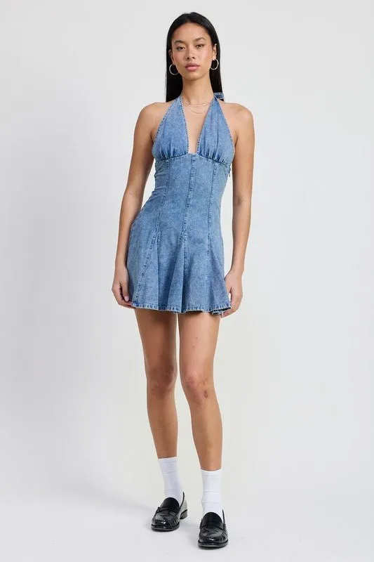MINI HALTER NECK DENIM DRESS