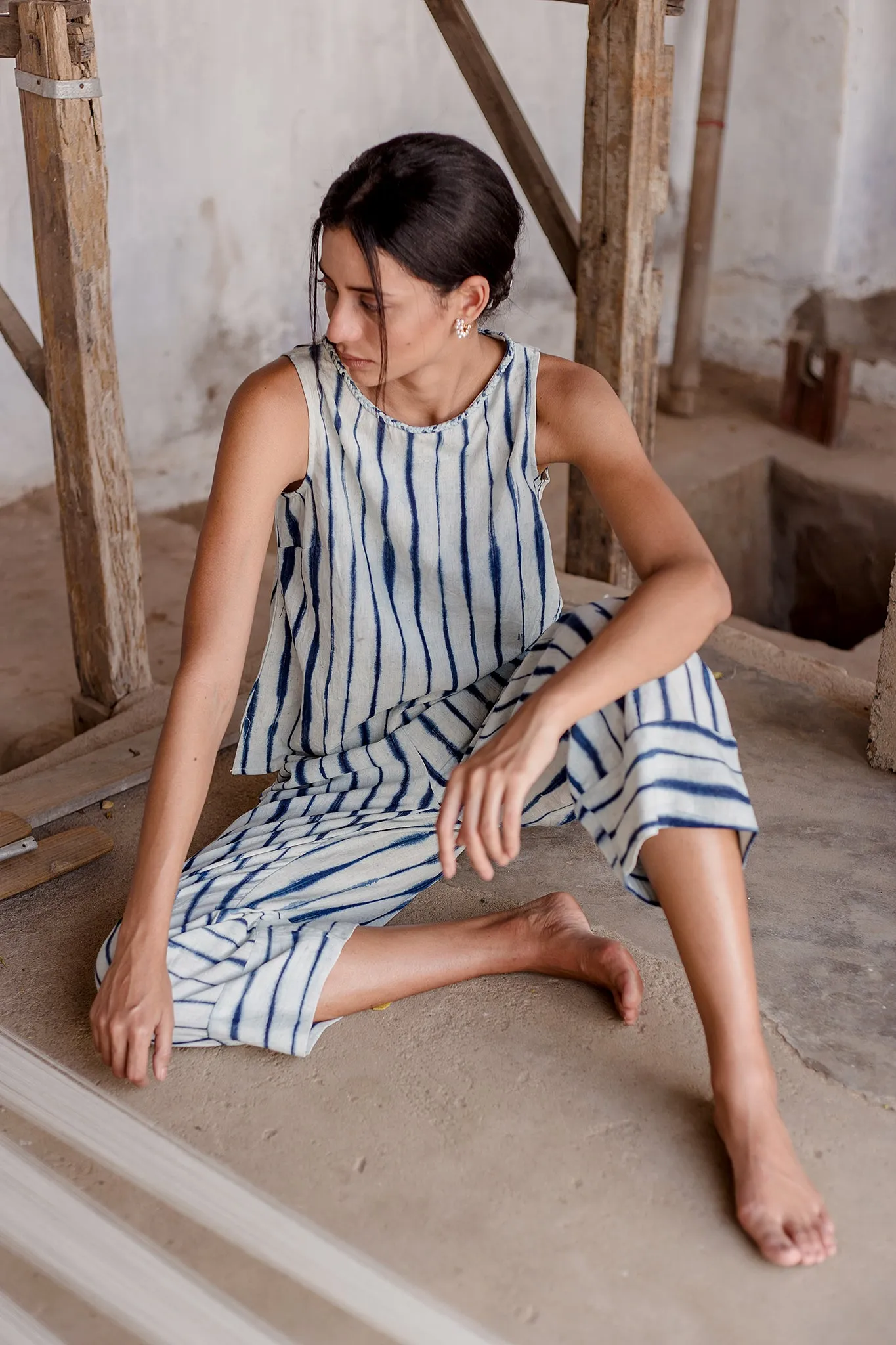 Oni Boatneck Tank in Natural Stripe Shibori