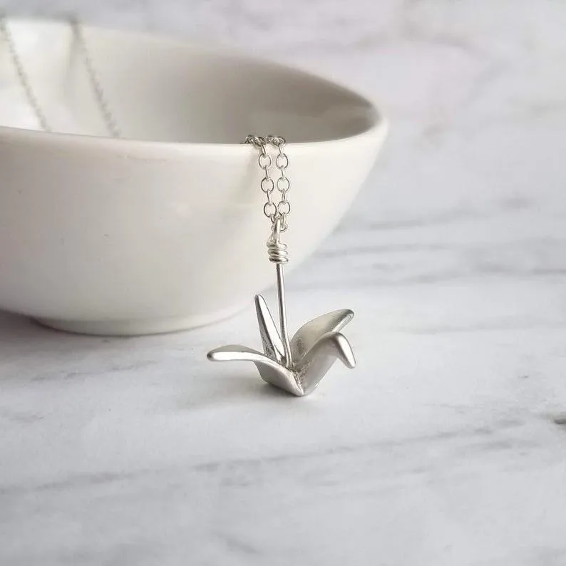 Origami Crane Necklace, gold origami pendant, origami necklace, gold crane pendant, silver crane pendant folded paper style metal bird charm