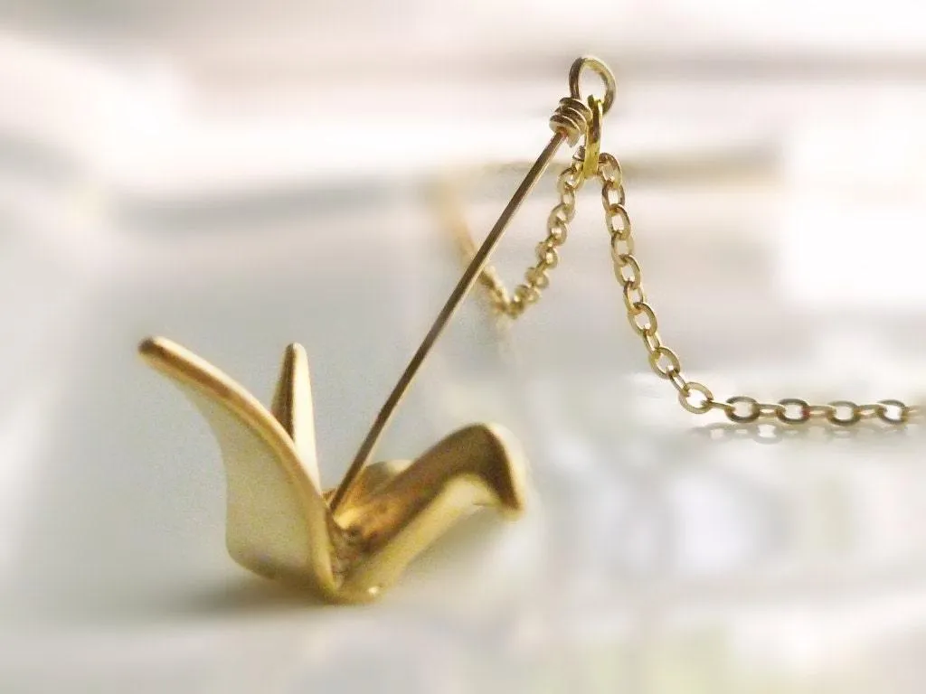 Origami Crane Necklace, gold origami pendant, origami necklace, gold crane pendant, silver crane pendant folded paper style metal bird charm