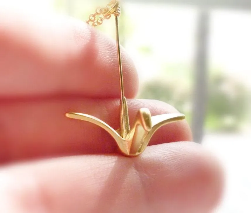 Origami Crane Necklace, gold origami pendant, origami necklace, gold crane pendant, silver crane pendant folded paper style metal bird charm