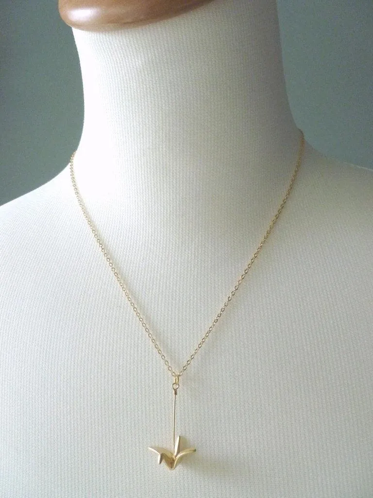 Origami Crane Necklace, gold origami pendant, origami necklace, gold crane pendant, silver crane pendant folded paper style metal bird charm