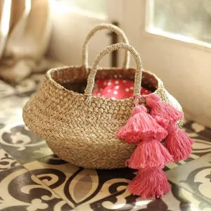 Petite Handwoven Belly Basket Bag, with Dragon Fruit Pink Tassels