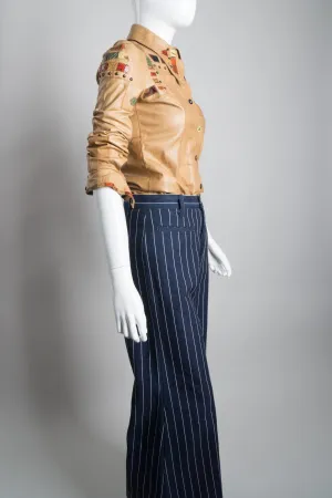 Pinstripe Wide Flare Denim Trousers