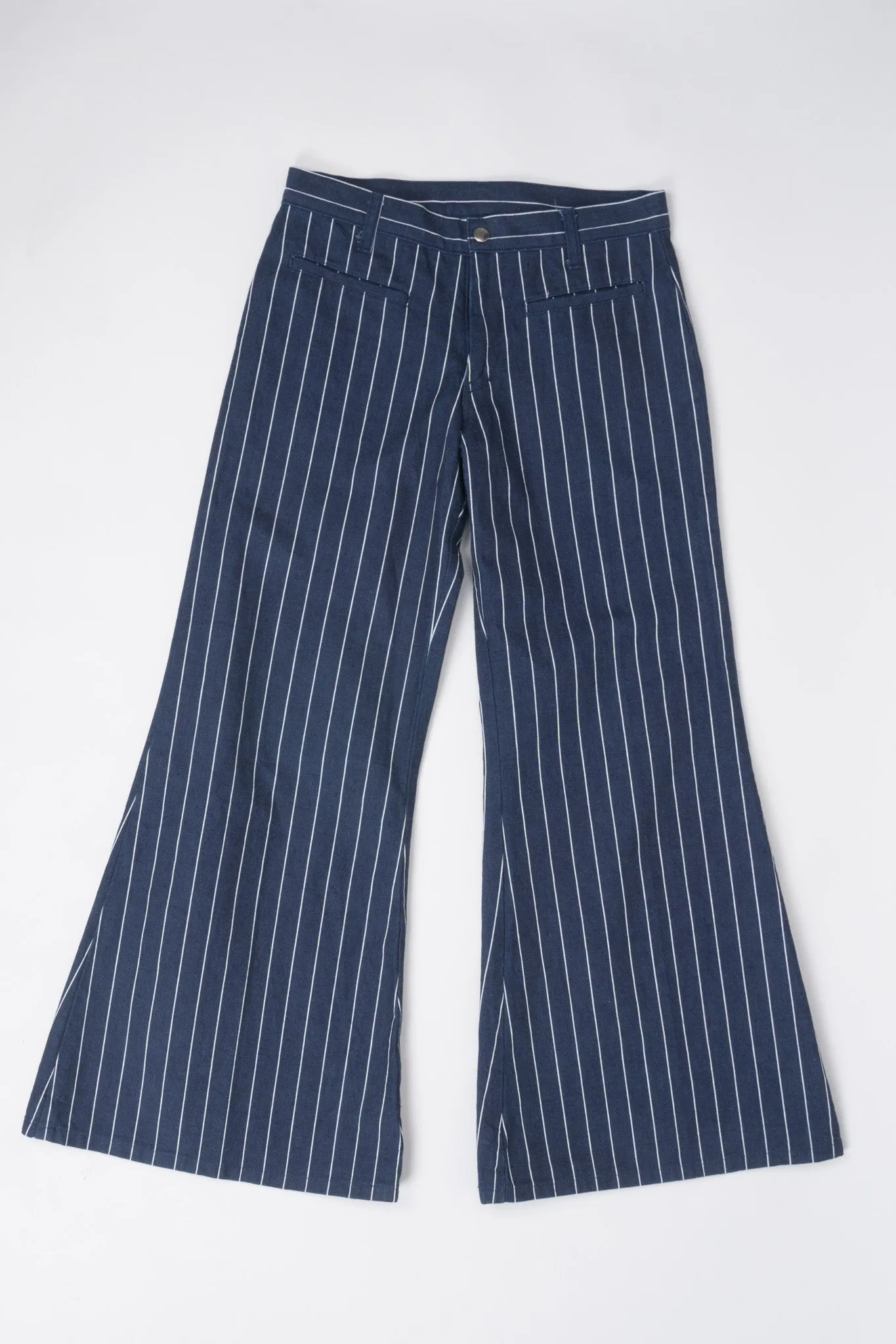 Pinstripe Wide Flare Denim Trousers
